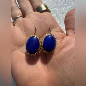 Vtg 14k Yellow Gold Signed, Oval Lapis Women's Earrings